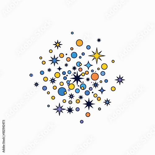 Abstract Burst of Colorful Stars and Circles Exploding on a White Background for Celebration and Joyful Moments