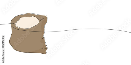 Minimal one line illustration of an open paper sack filled with flour, drawn in a simple clean style on a white background