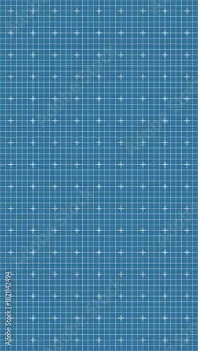 Seamless blue grid pattern with white crosshairs and lines, abstract geometric digital background for design, mapping, navigation, blueprint, measurement, data, high tech, scientific projects