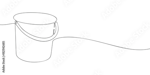 A simple line drawing of a metal bucket with a handle, shown in a clean minimalist style