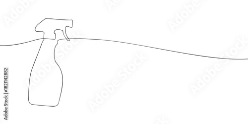 One line vector drawing of a spray bottle on a white background with a long curved line, suitable for cleaning, household, or minimalist design themes