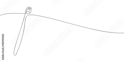 A simple line art drawing of a toothbrush with a long, curved handle and a small brush head tilted upward