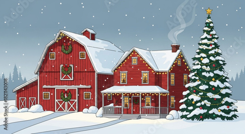 Charming winter scene of a snow-covered farm with decorated Christmas tree, holiday spirit and rustic charm, perfect for festive cards and seasonal marketing