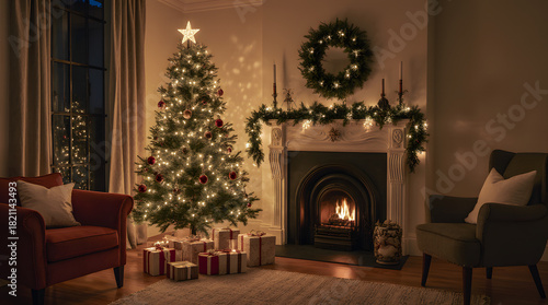 Cozy Christmas Living Room Interior with Decorated Tree, Warm Lights, and Wrapped Gifts Under Soft Ambient Glow