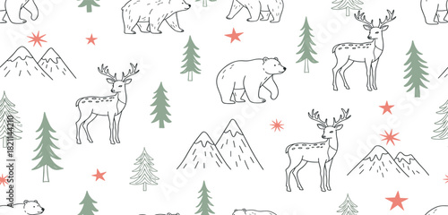 Seamless vector pattern with hand-drawn woodland animals like deer and bears in a winter mountain forest landscape