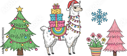 Festive Christmas llama with presents and decorated pine trees, adorned with colorful lights and snowflakes, symbolizing holiday joy and winter celebration