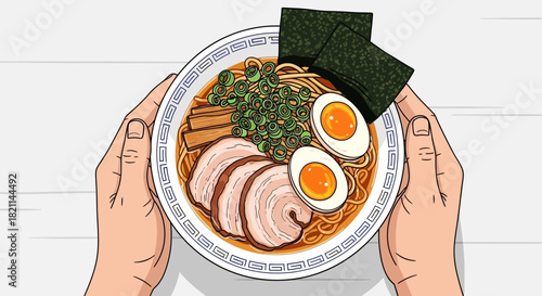 Top-down view of hands holding a bowl of ramen with pork, egg, and scallions