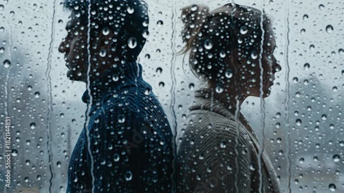 Couple Stands Back to Back Behind Rainy Window on a Sad Day