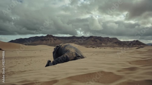 Businessman burying his head in the sand in a desert landscape. Corporate executive hiding from reality and ignoring problems. Concept of denial and failure