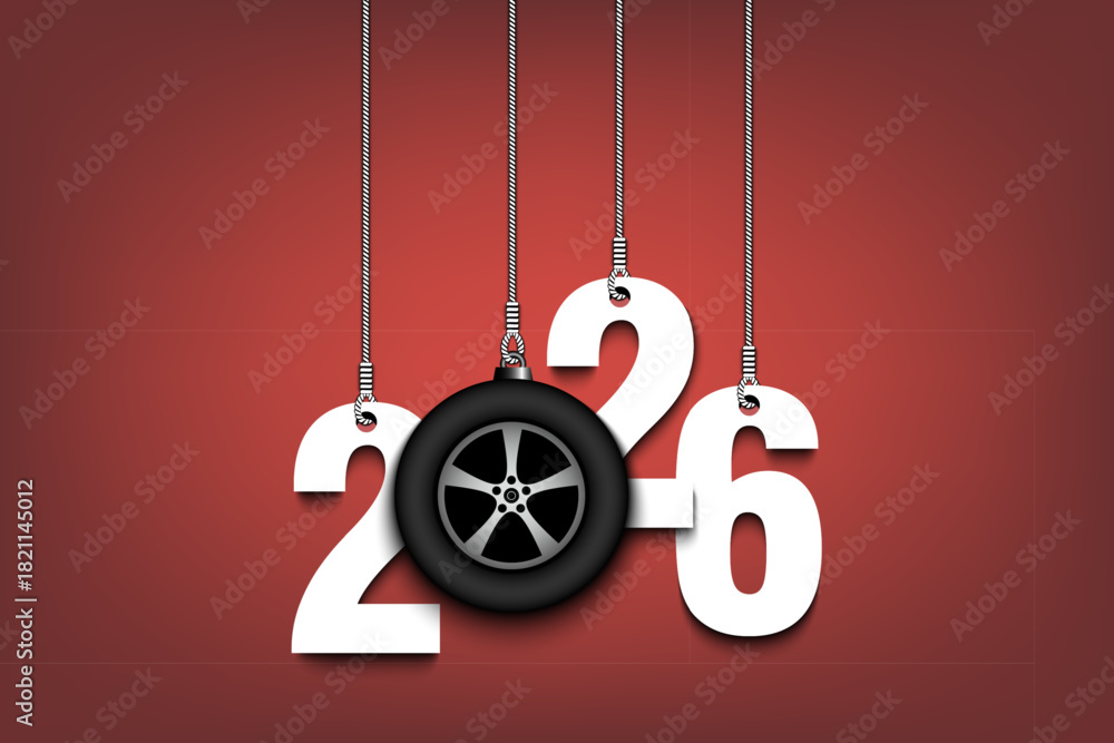 Fototapeta premium Numbers 2026 and car wheel as a Christmas decorations are hanging on strings. New Year 2026 are hang on cords. Template design for greeting card. Vector illustration on isolated background