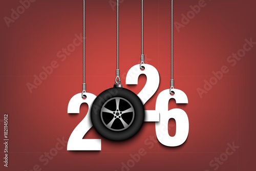 Numbers 2026 and car wheel as a Christmas decorations are hanging on strings. New Year 2026 are hang on cords. Template design for greeting card. Vector illustration on isolated background