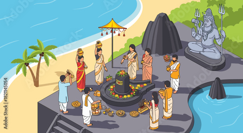Intricate Hindu Shiva Lingam worship ceremony performed by devoted followers on a serene tropical beach, a vibrant cultural celebration of ancient traditions
