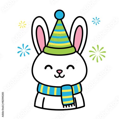 Cute cartoon rabbit wearing a party hat and scarf