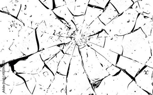 Broken Cracked glass. Hole in the glass surface. Vector drawing. Crime circle break crystal pane isolated on white backdrop. Window after crash or bullet, Broken mirror texture. White background