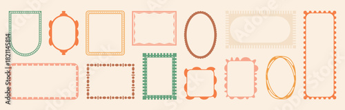 Muted retro frame collection. Hand drawn pastel color borders for vintage postcard label invitation. Minimal doodle rectangular oval scallop arch shapes. Elegant coastal outline design element set