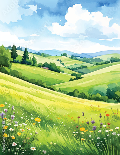 vector watercolor background with blue sky, white clouds and green field