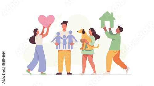 A vibrant group of four diverse figures one holding a bright pink object presented in a clean scalable vector design with a modern aesthetic