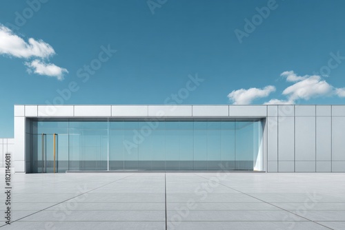 Modern, minimalist building facade features large glass windows against a bright blue sky