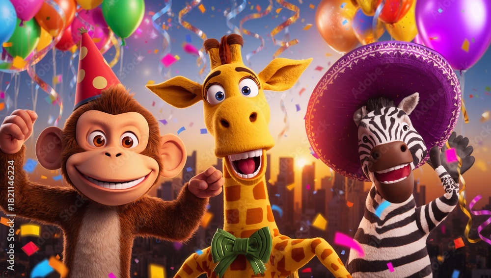 Naklejka premium Cheerful Cartoon Animals Celebrating with Balloons and Confetti