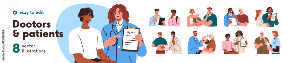 Fototapeta premium Patients visiting doctor set. Health exam in hospital, clinic. Therapist, practitioner consulting, giving medical advice, prescription. Flat graphic vector illustration isolated on white background