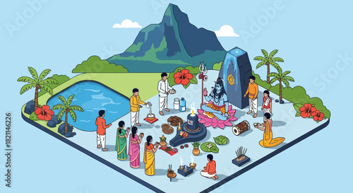 Isometric illustration of Hindu devotees and Lingam worship
