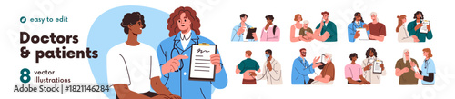 Patients visiting doctor set. Health exam in hospital, clinic. Therapist, practitioner consulting, giving medical advice, prescription. Flat graphic vector illustration isolated on white background