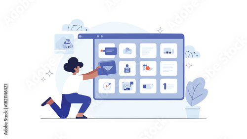 Visual representation of organizing tasks through a drag and drop interface illustrating workflow management and project planning with distinct color elements and clear typography