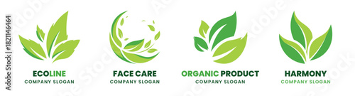 Growing leaf logo set, green clean eco icon flame shape growth. Abstract leaves symbol logo. Corporate identity for eco cosmetic brands, nature logo template. Ecology environment concept. Health care