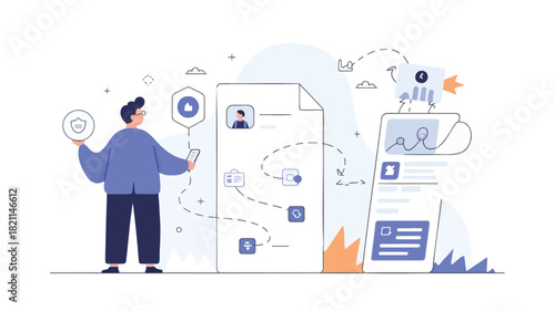 A stylized graphic design featuring a person standing next to a completed project or structure rendered in a vibrant multi color vector format with clean lines and modern aesthetics