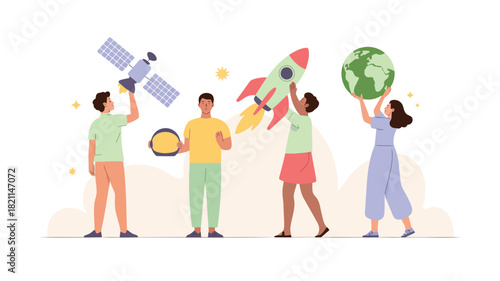A vibrant vector illustration featuring a diverse group of four stylized figures with one prominently holding a bright blue object set against a clean background