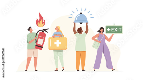 A vibrant vector illustration featuring a diverse group of four stylized figures with one prominently holding a bright red object presented in a clean modern design style