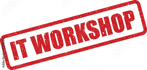 Distressed rectangular rubber stamp clearly displaying the phrase IT WORKSHOP, ideal for training events or educational seminars
