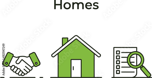 Icons representing real estate, home buying, and property search are arranged together.