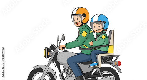 This charming illustration captures a parent and child on a motorcycle, emphasizing road safety with helmets and a secure child seat.