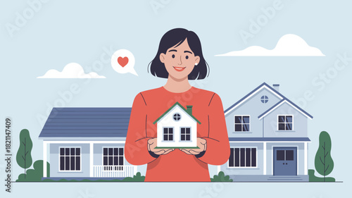 A woman holds a miniature house, symbolizing homeownership and dreams.