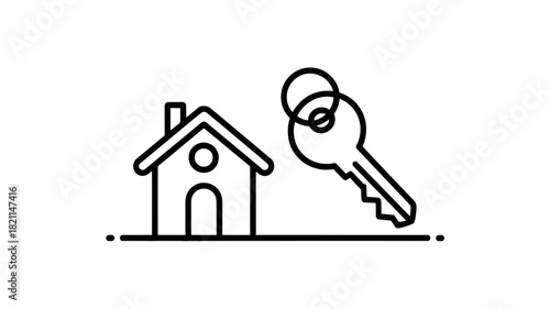 A simple line drawing of a house and a key on a white background.