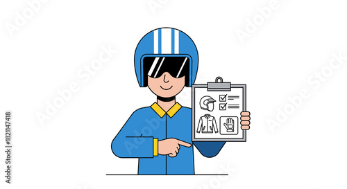 A friendly rider in a blue helmet and suit presents a safety checklist for essential gear, emphasizing important equipment and preparation.