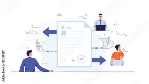 Dynamic vector illustration showcasing a document with animated arrows indicating progress data flow or a step by step process rendered in vibrant cmyk colors and essential typography