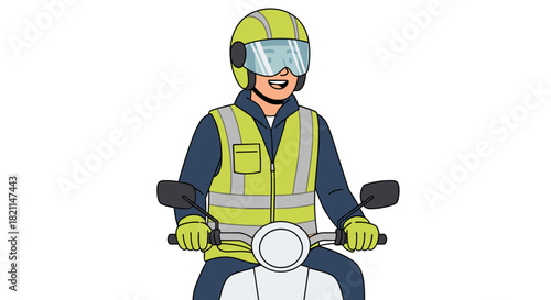 A cheerful male courier, wearing a safety helmet and reflective vest, efficiently rides a modern scooter for urban package delivery services.