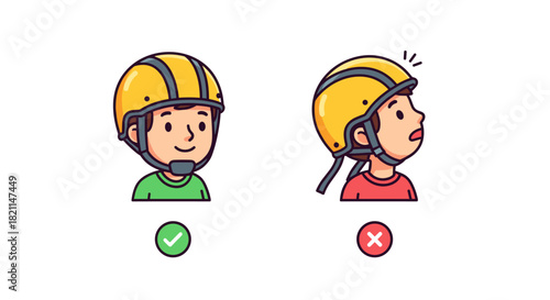 This educational illustration clearly demonstrates the crucial difference between correctly and incorrectly worn bicycle helmets, emphasizing head safety.