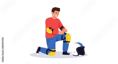 A smiling young man kneels, carefully adjusting his protective gear including knee pads and elbow pads, preparing for an exciting outdoor sport.