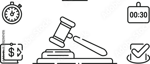 Auction gavel and icons representing time, money, and approval.