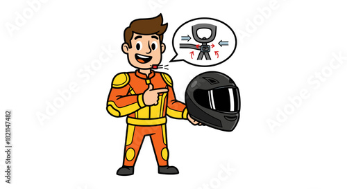 A cheerful cartoon character, dressed in a vibrant orange racing suit, happily presents his sleek black helmet, ready for the competition.