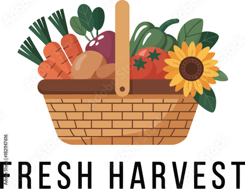 A woven basket overflows with a vibrant assortment of fresh vegetables and a sunflower.
