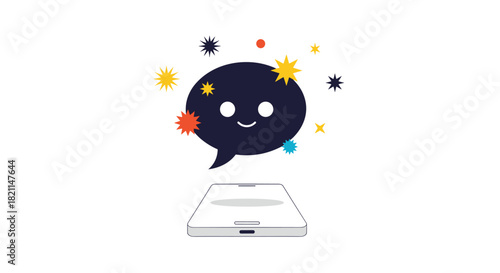An expressive message bubble, adorned with bright stars, hovers above a minimalist smartphone, conveying the essence of engaging digital conversations.