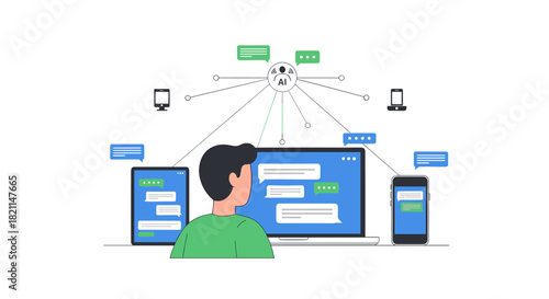 A person engages with an artificial intelligence chatbot across multiple digital devices, illustrating modern customer service and automated communication technology.