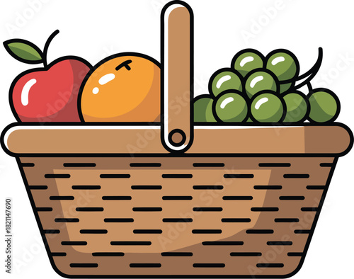 A woven basket overflows with fresh, colorful fruit, including apples, oranges, and grapes.