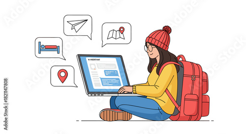 A young woman with a backpack sits cross-legged, diligently using her laptop to plan her exciting global adventure, surrounded by essential travel icons.