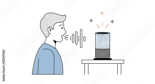 A person interacts with a smart speaker, giving voice commands to activate the artificial intelligence device in a modern home setting.