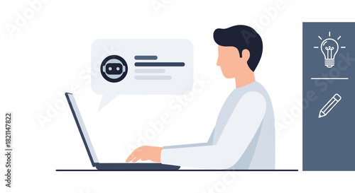 A man interacts with an artificial intelligence chatbot on his laptop, symbolizing modern digital communication and innovative technology solutions.
